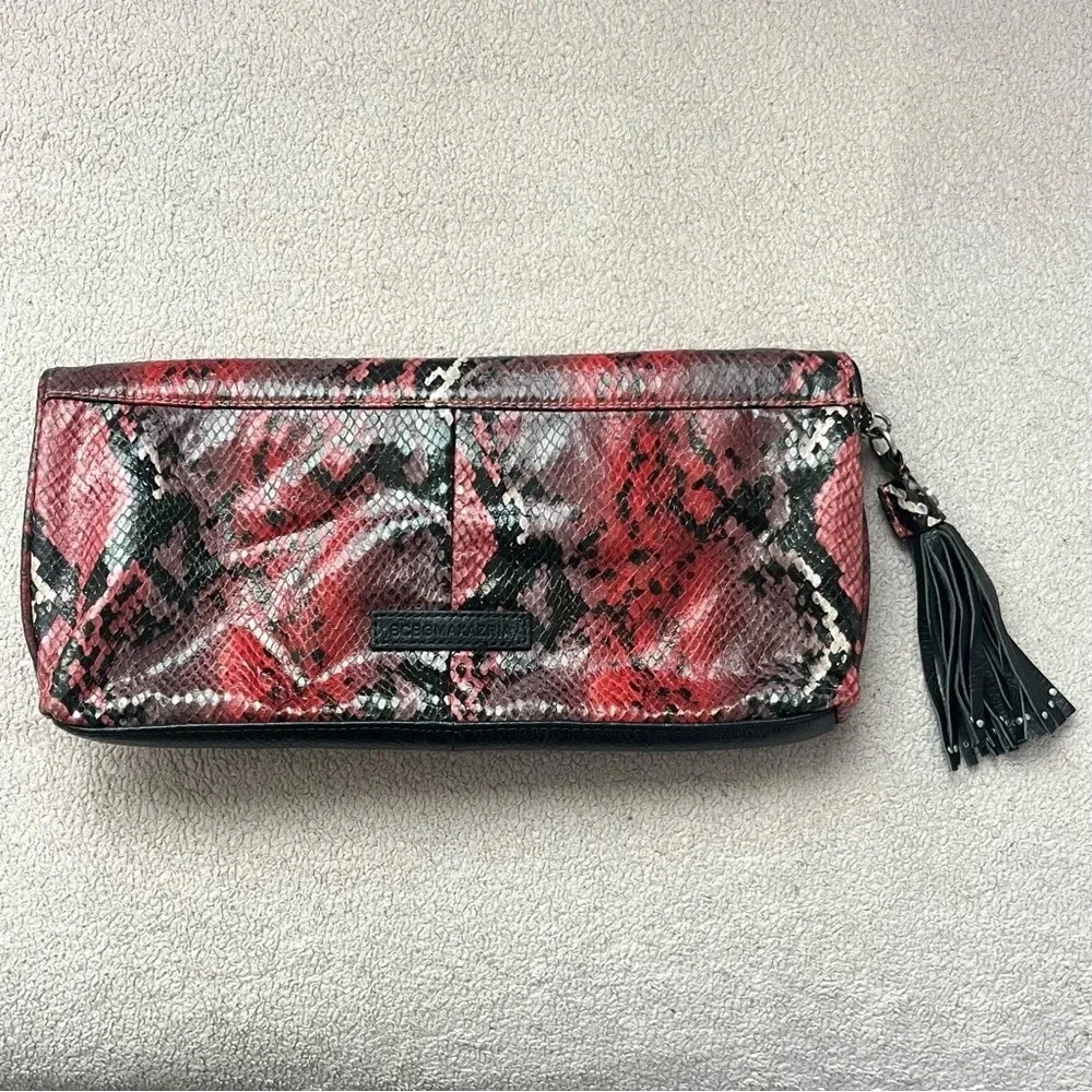 BCBGMaxAzria Clutch Purse Red/Black Exotic Zipper Tassel Handbag Foldable Clean